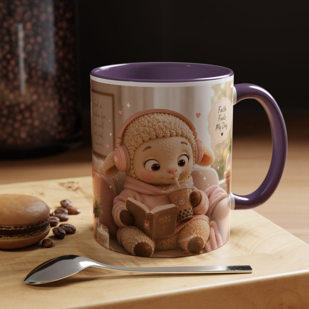 Faith Fills My Day Accent Coffee Mug — Cute Cozy Lamb with Scripture Quote (11/15oz)