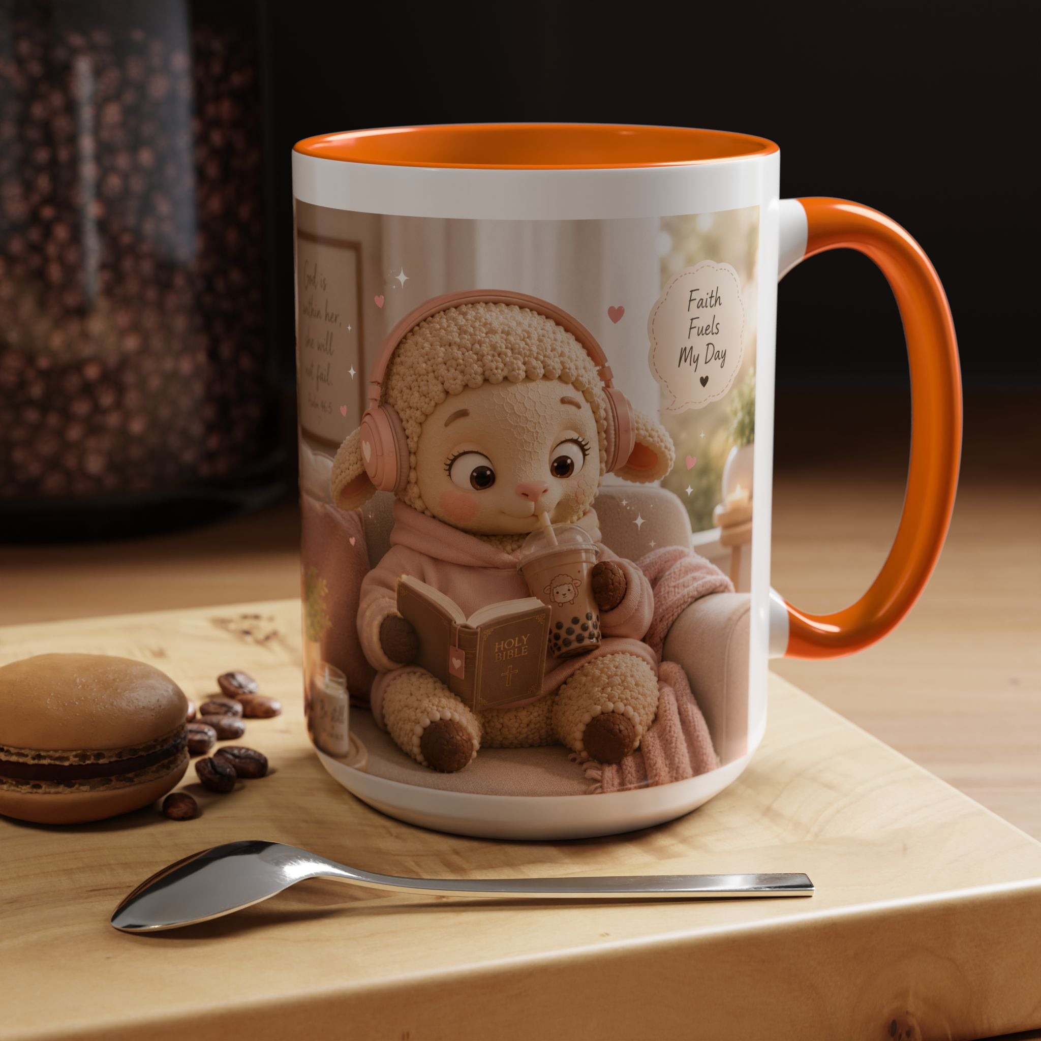 Faith Fills My Day Accent Coffee Mug — Cute Cozy Lamb with Scripture Quote (11/15oz)