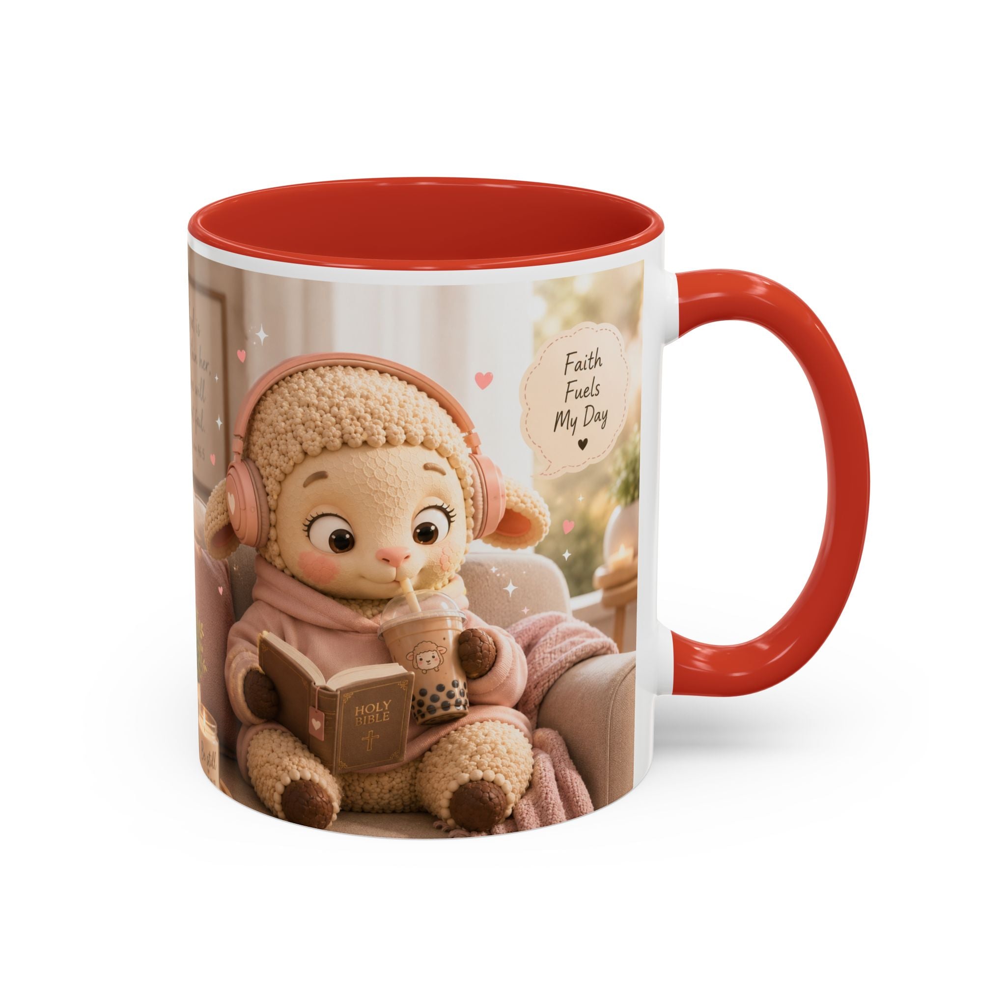 Faith Fills My Day Accent Coffee Mug — Cute Cozy Lamb with Scripture Quote (11/15oz)