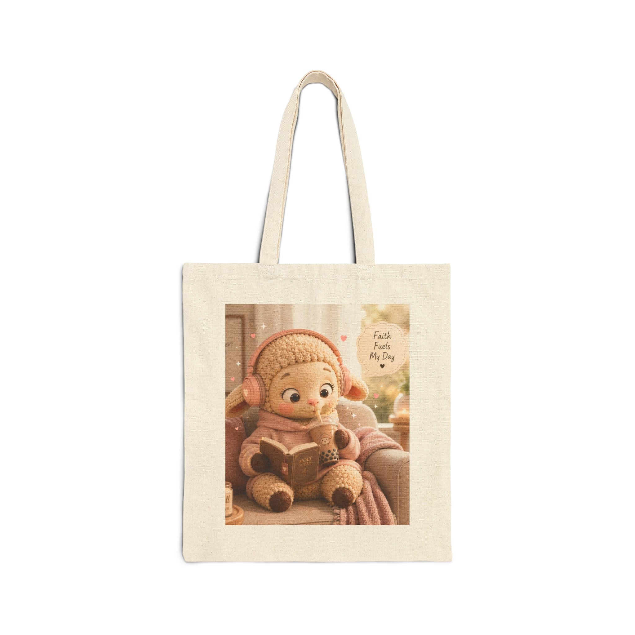 Cute Cozy Reading Tote Bag — 'Faith Fills My Cup' Canvas Shopper