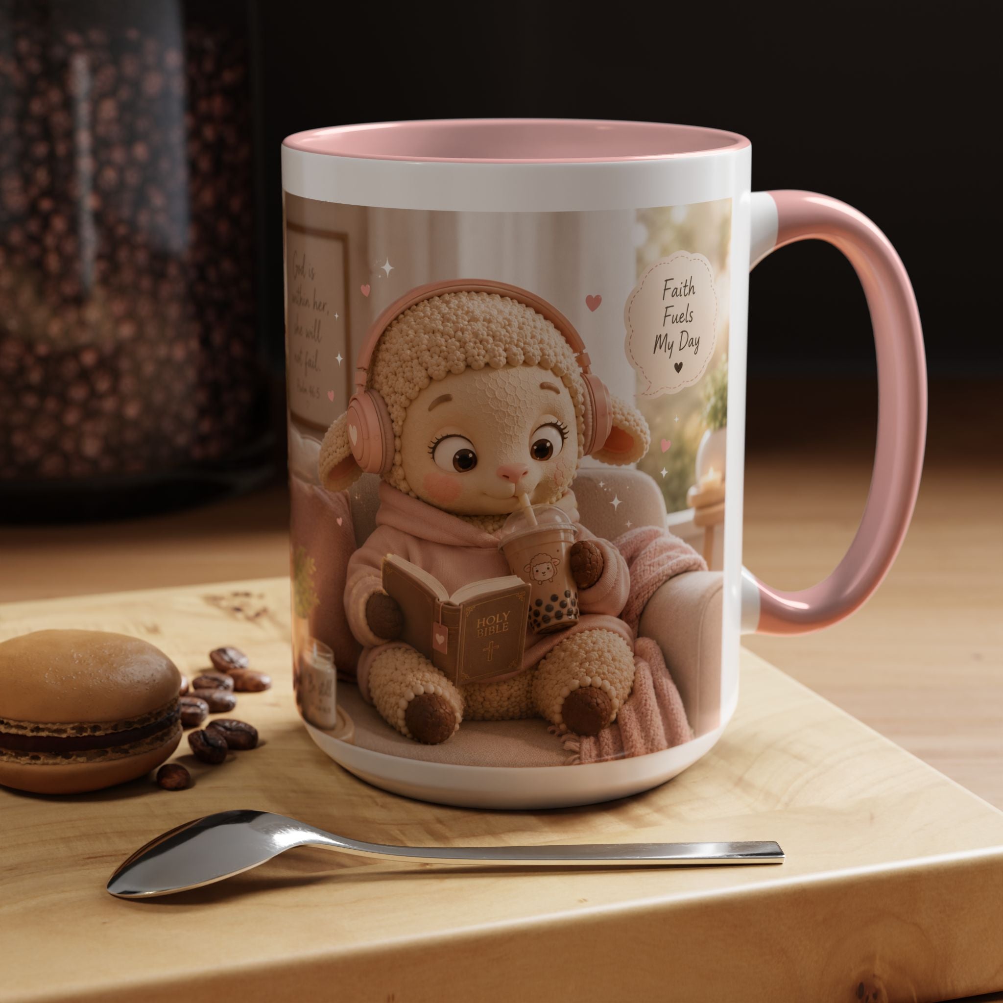 Faith Fills My Day Accent Coffee Mug — Cute Cozy Lamb with Scripture Quote (11/15oz)