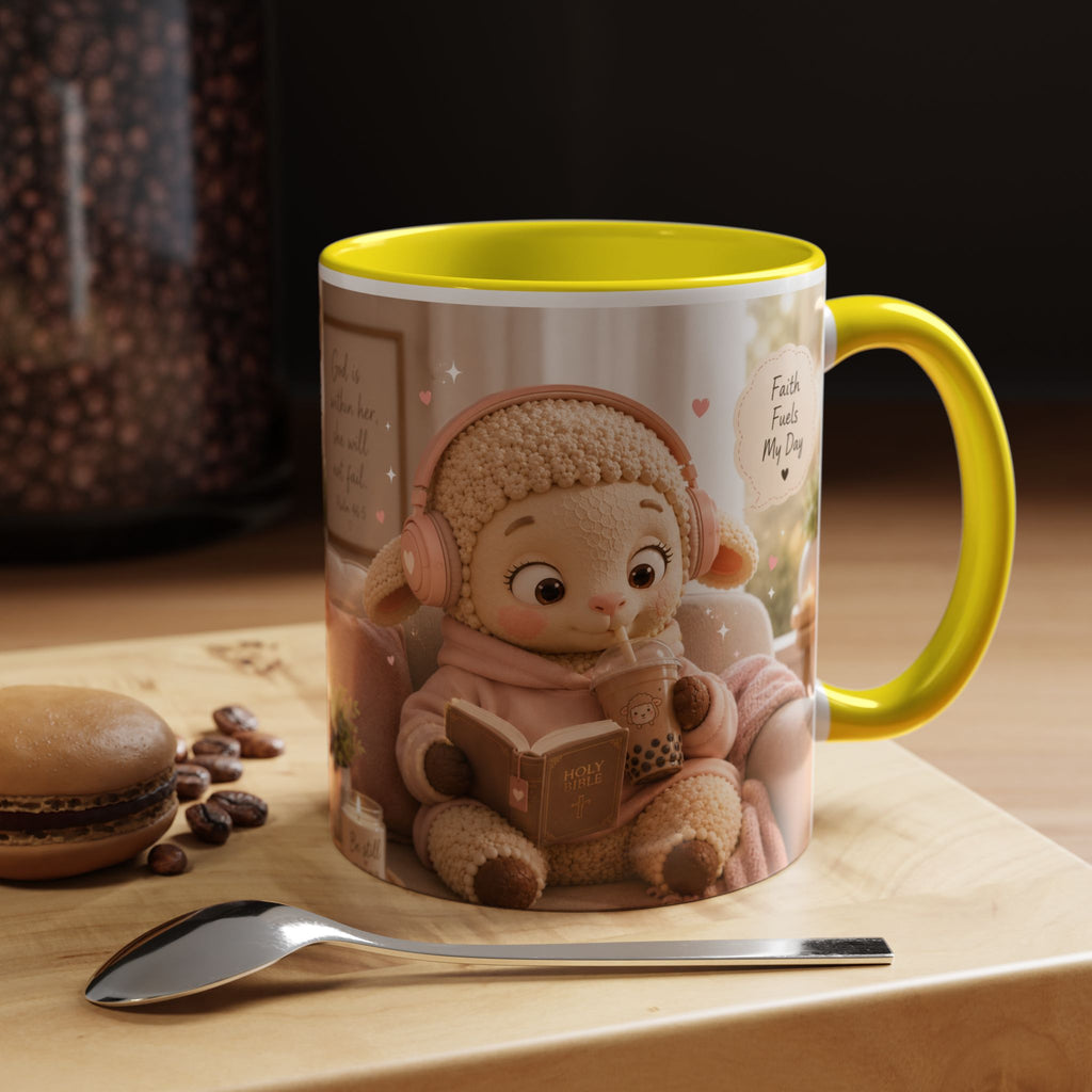 Faith Fills My Day Accent Coffee Mug — Cute Cozy Lamb with Scripture Quote (11/15oz)