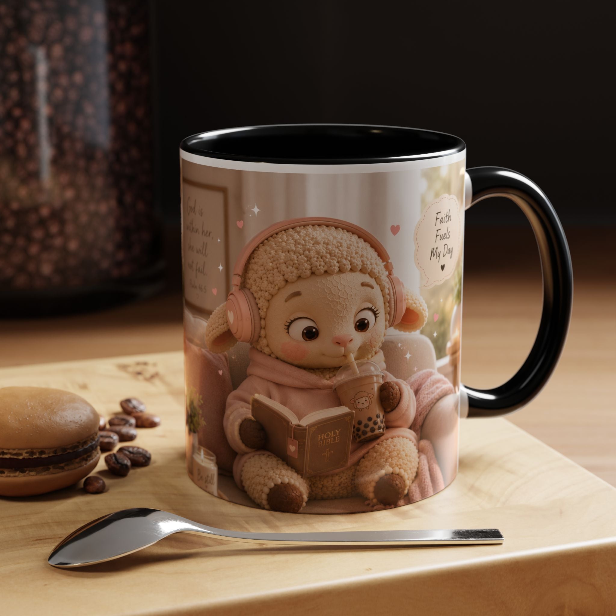 Faith Fills My Day Accent Coffee Mug — Cute Cozy Lamb with Scripture Quote (11/15oz)
