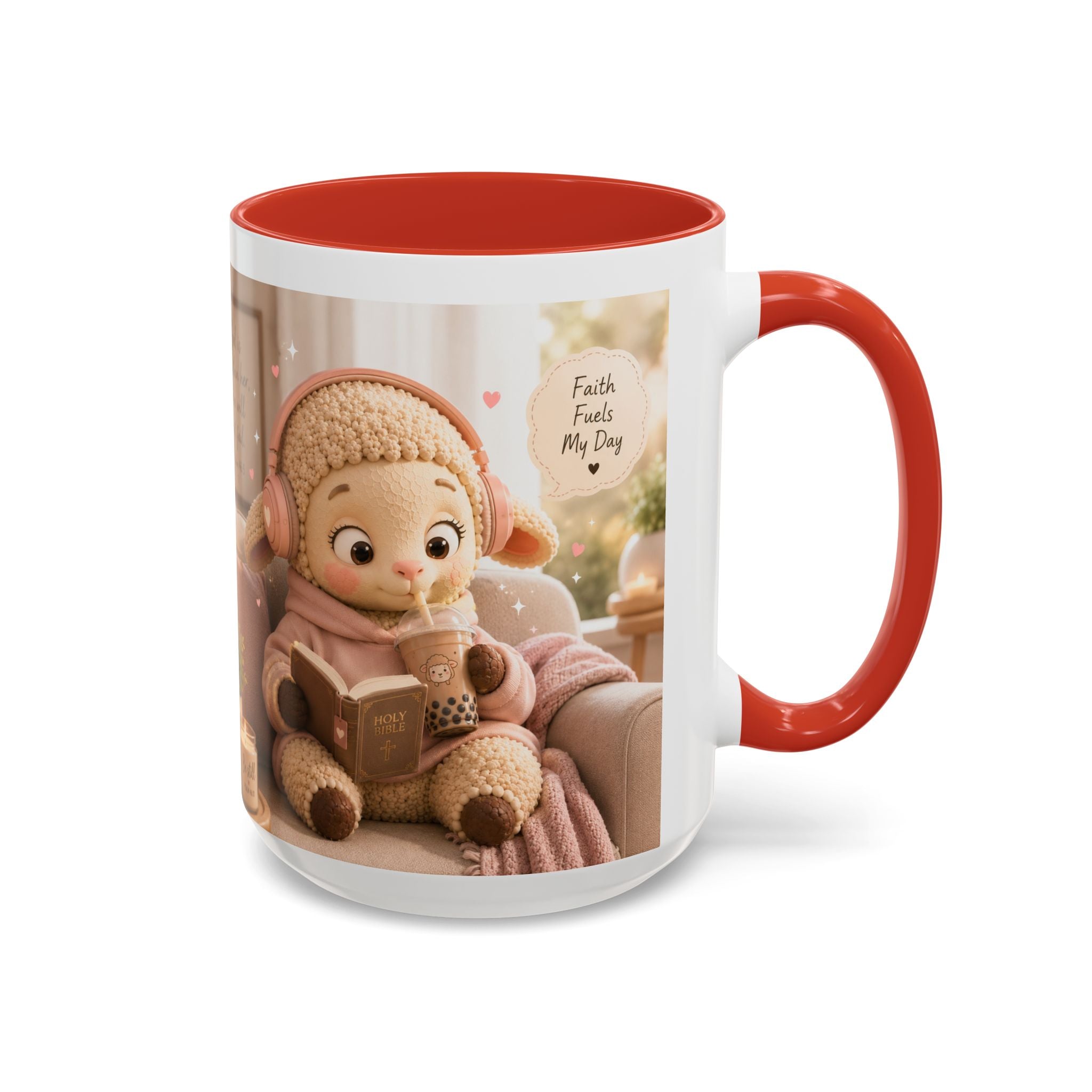 Faith Fills My Day Accent Coffee Mug — Cute Cozy Lamb with Scripture Quote (11/15oz)