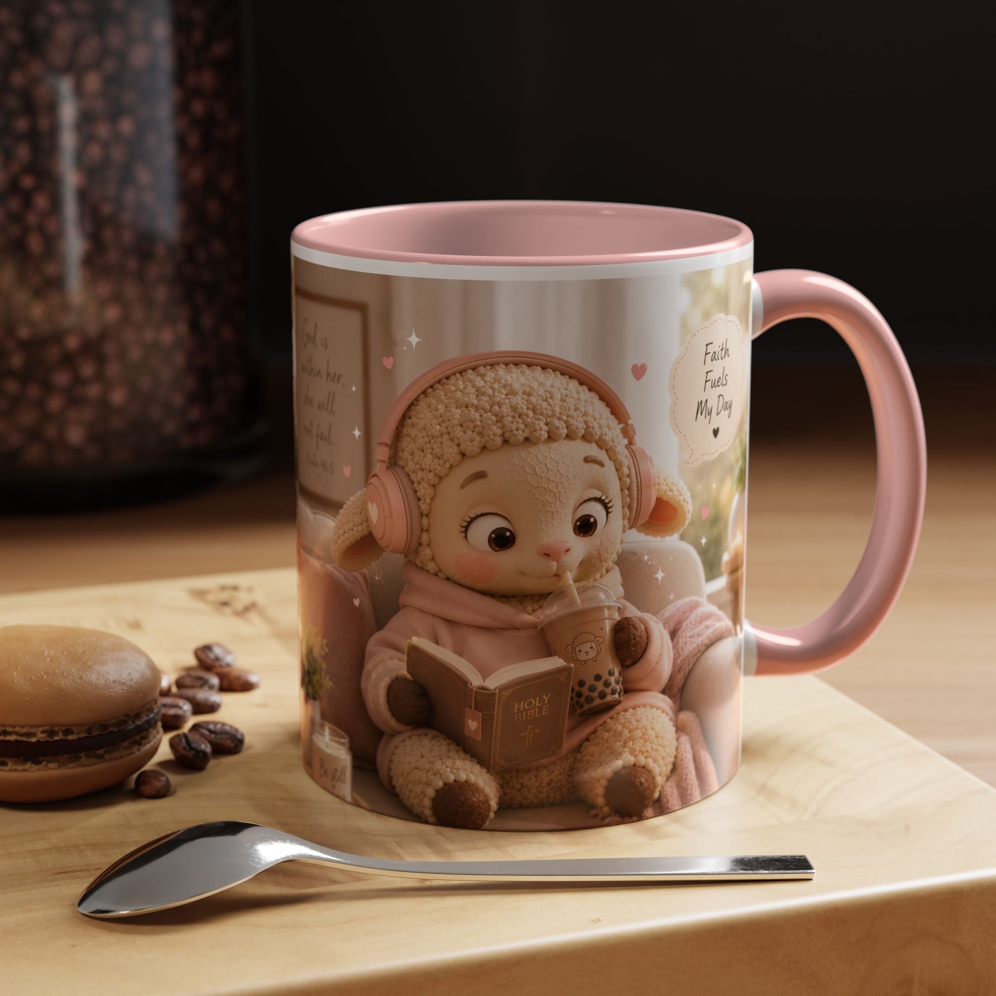 Faith Fills My Day Accent Coffee Mug — Cute Cozy Lamb with Scripture Quote (11/15oz)