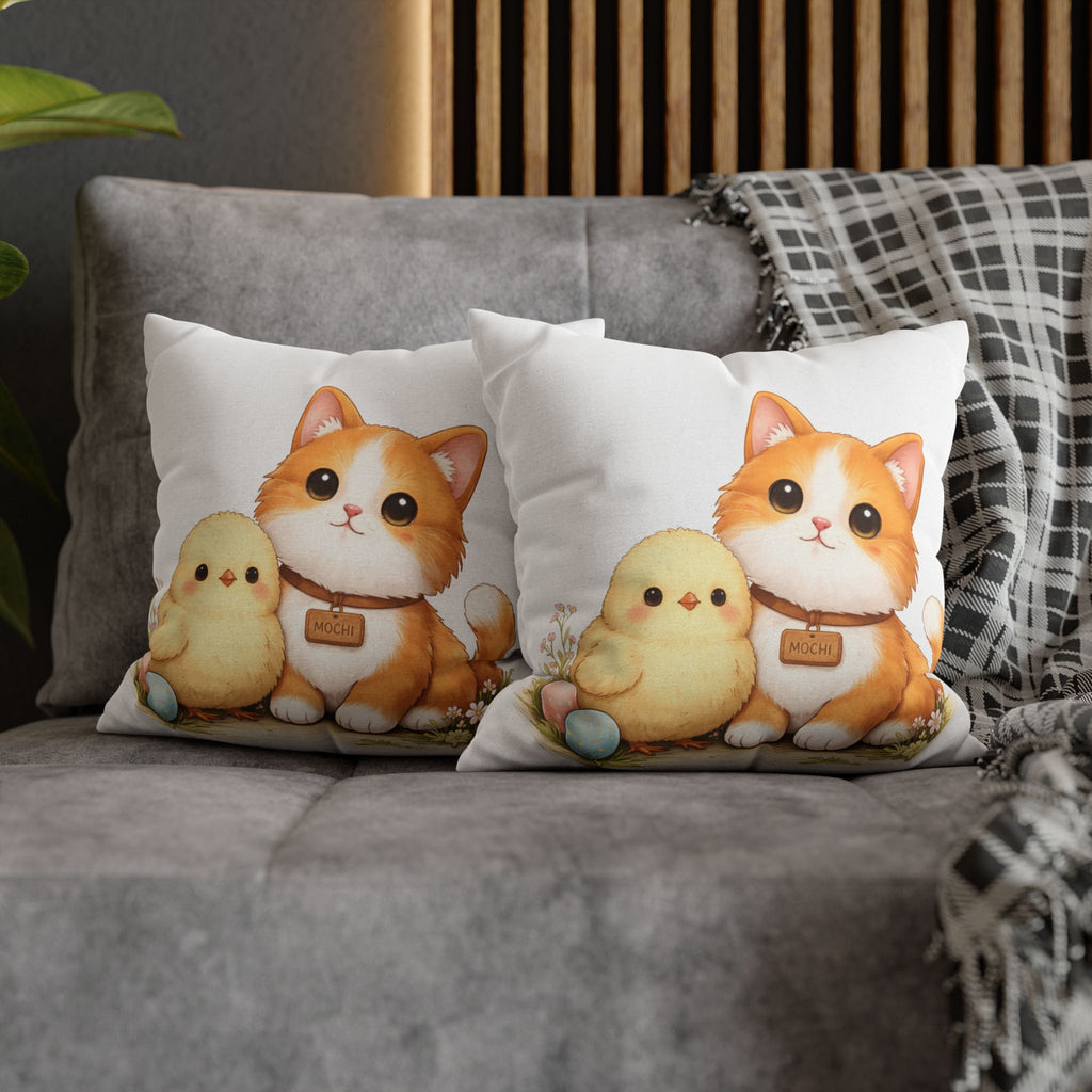 Cute Easter Pillow Cover Cat and Chick, Spring Decorative Pillow, Mochi Cat Cushion, Easter Home Decor Gift
