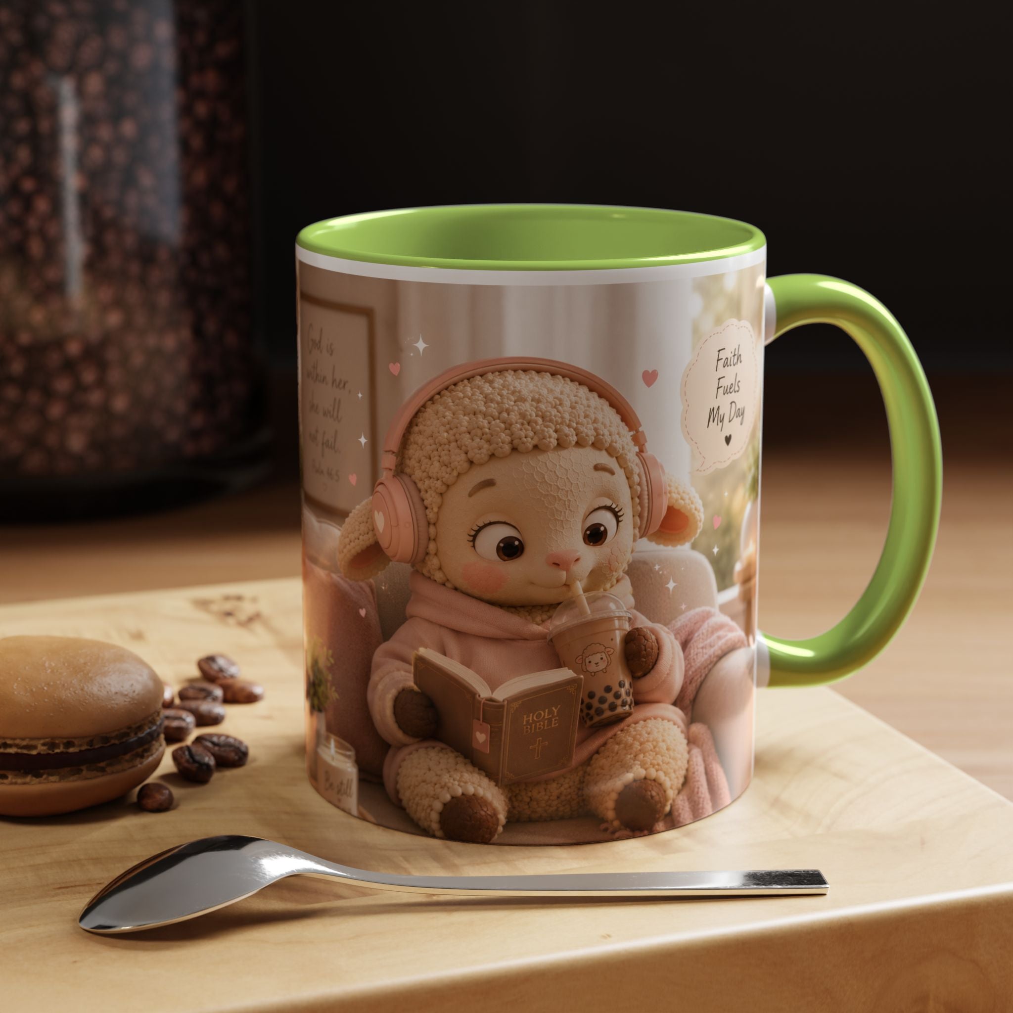 Faith Fills My Day Accent Coffee Mug — Cute Cozy Lamb with Scripture Quote (11/15oz)