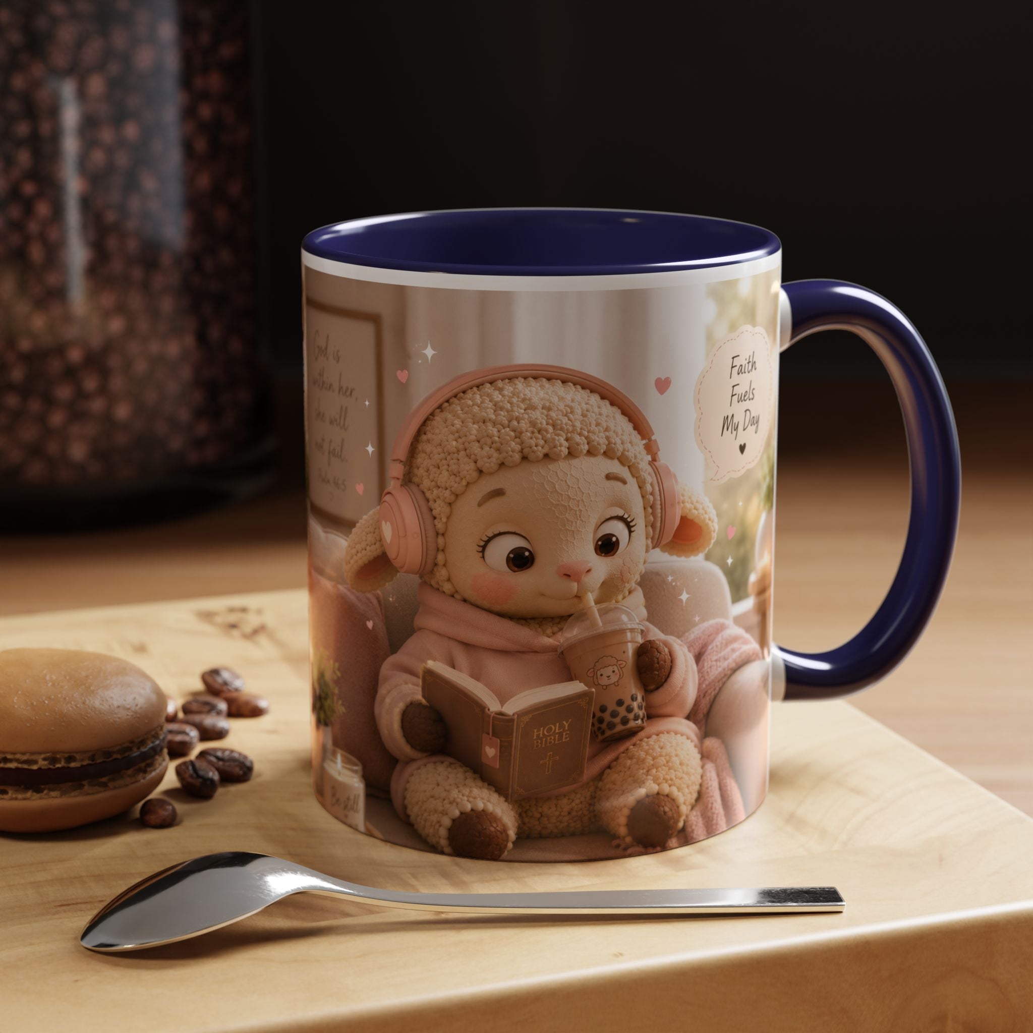 Faith Fills My Day Accent Coffee Mug — Cute Cozy Lamb with Scripture Quote (11/15oz)