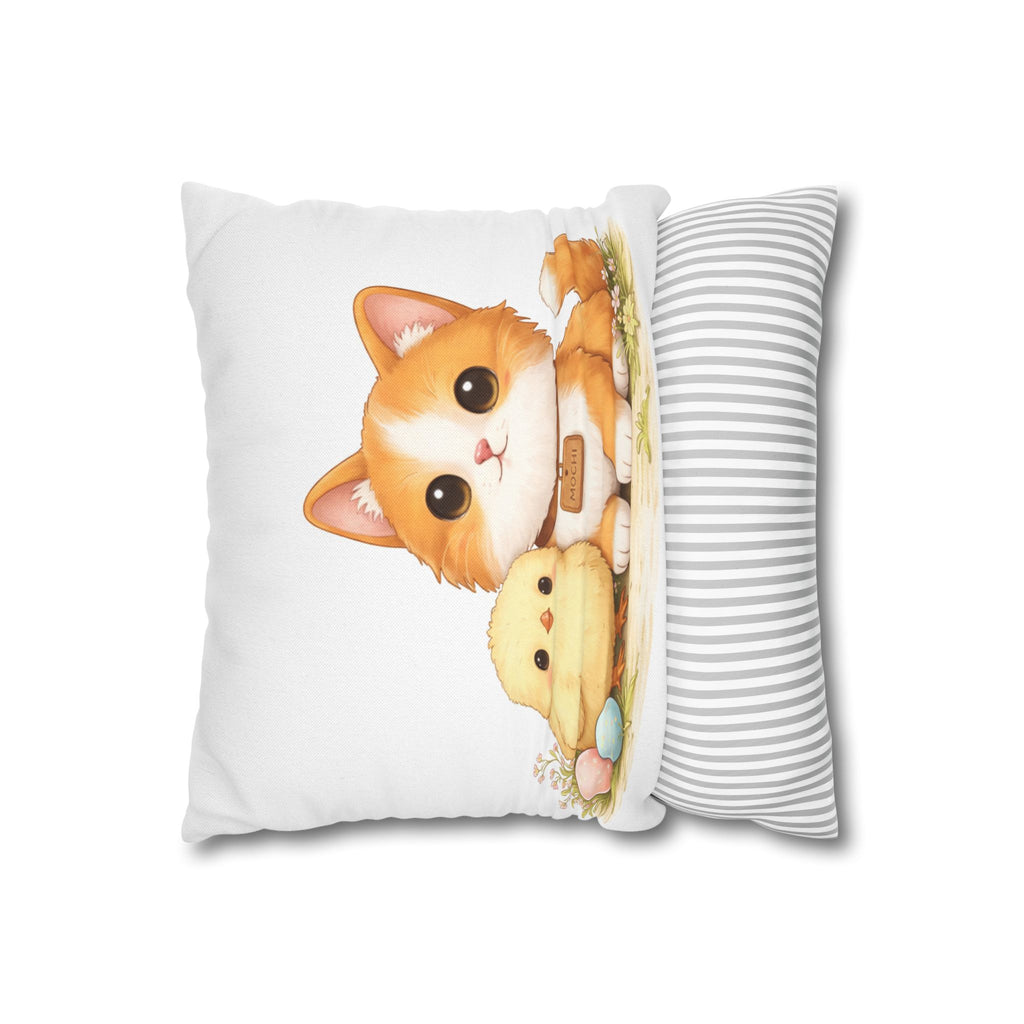 Cute Easter Pillow Cover Cat and Chick, Spring Decorative Pillow, Mochi Cat Cushion, Easter Home Decor Gift