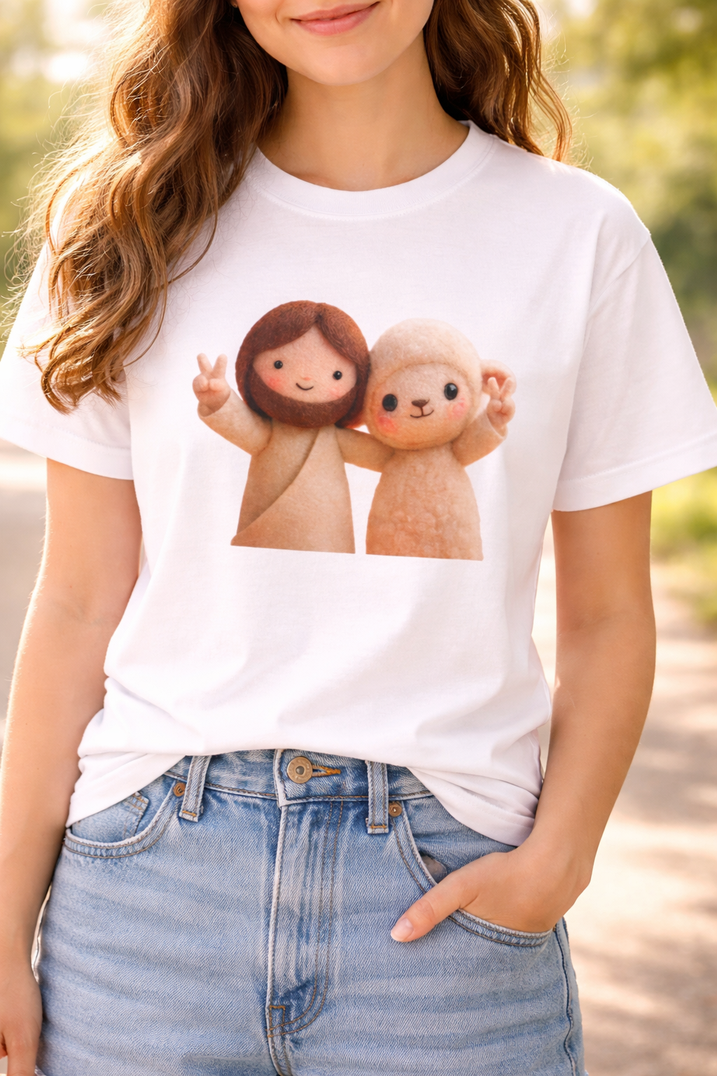 Jesus and Lamb Illustration T-Shirt | Cute Felt Doll Friendship Print