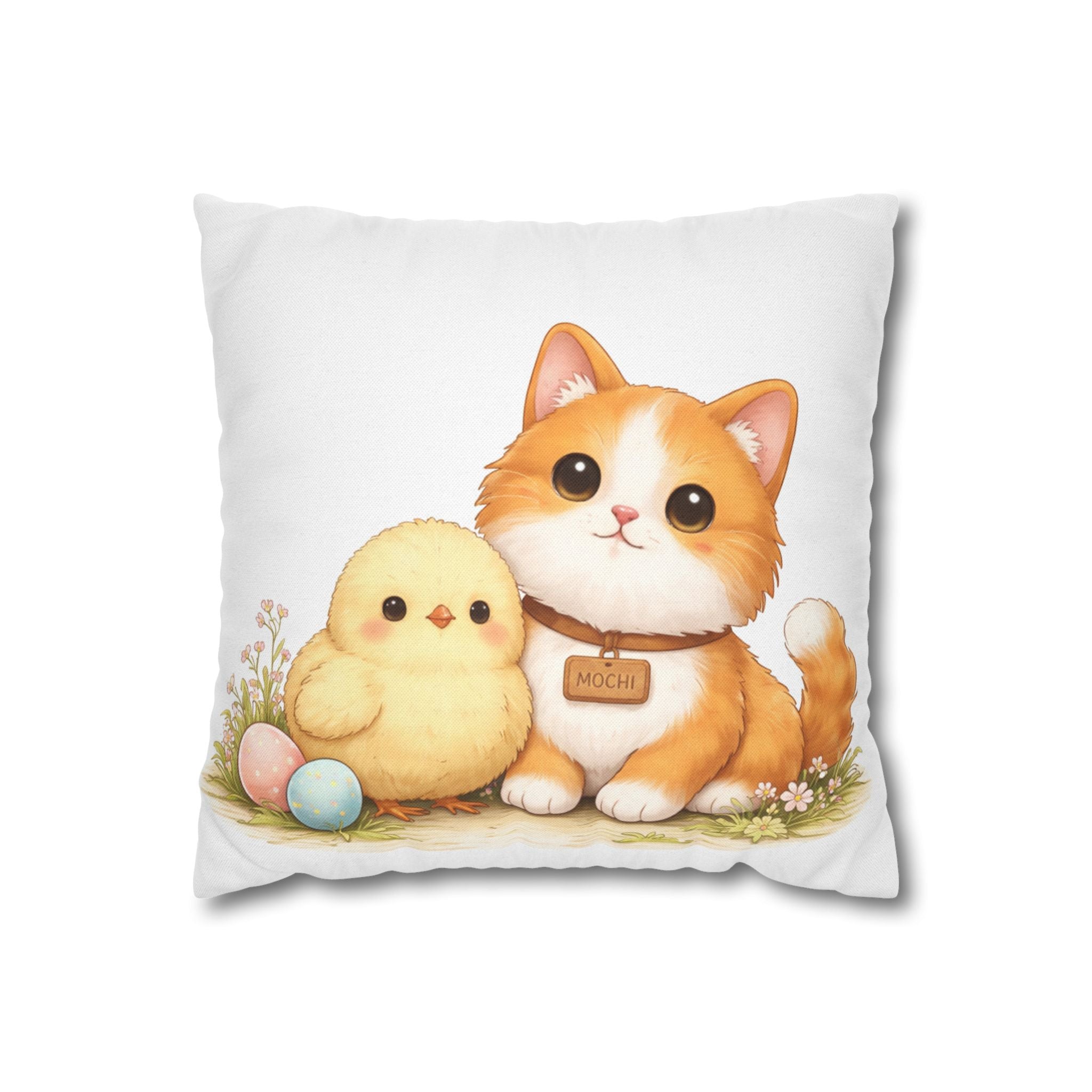 Cute Easter Pillow Cover Cat and Chick, Spring Decorative Pillow, Mochi Cat Cushion, Easter Home Decor Gift