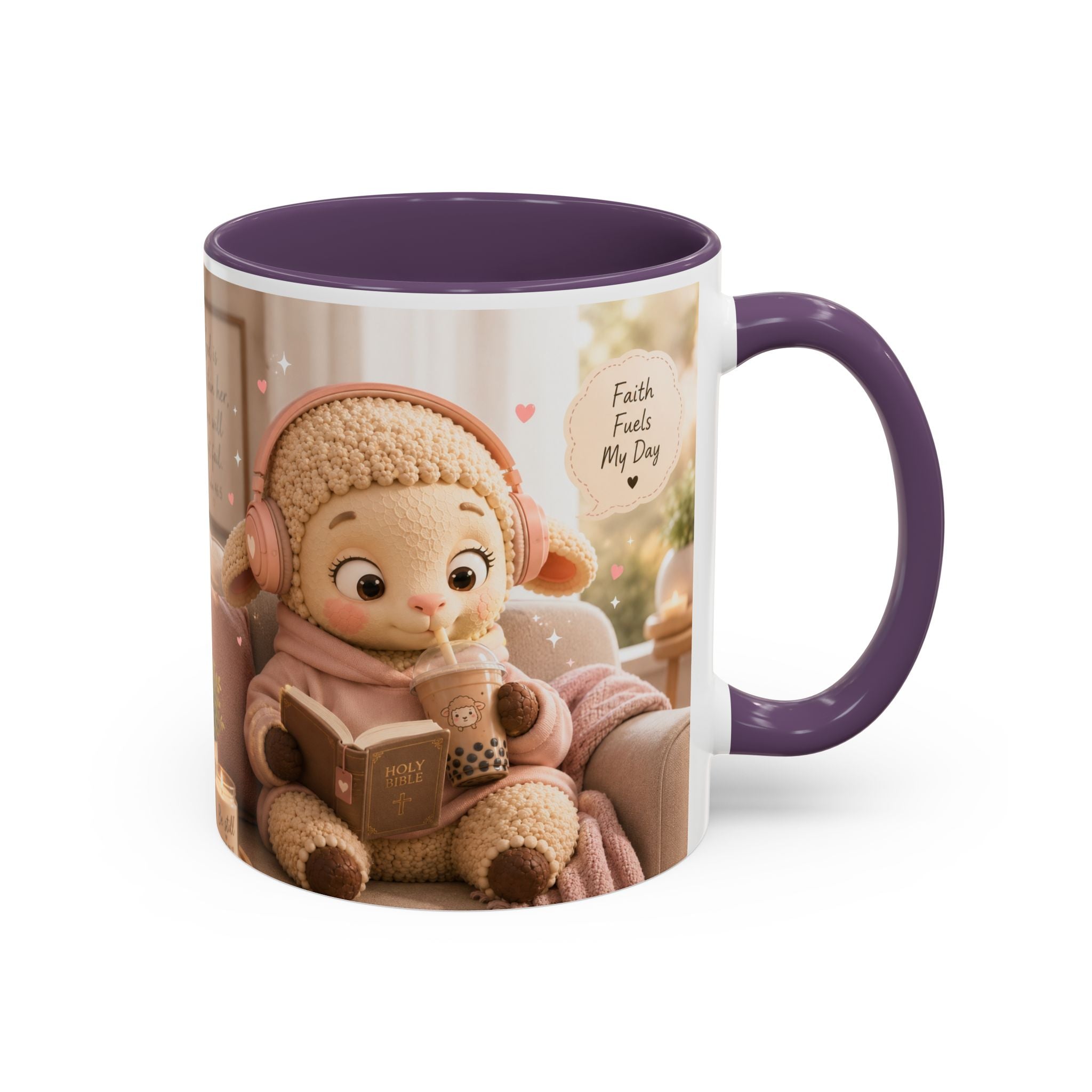 Faith Fills My Day Accent Coffee Mug — Cute Cozy Lamb with Scripture Quote (11/15oz)