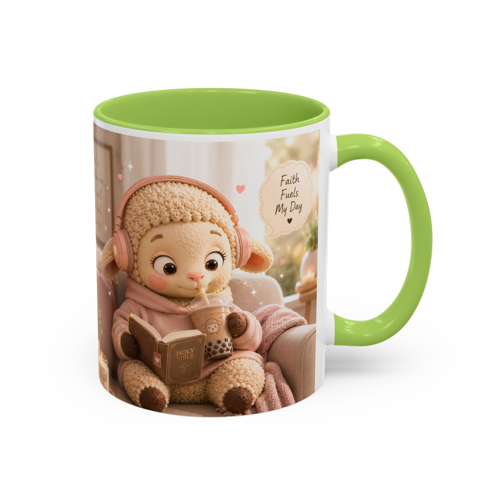 Faith Fills My Day Accent Coffee Mug — Cute Cozy Lamb with Scripture Quote (11/15oz)