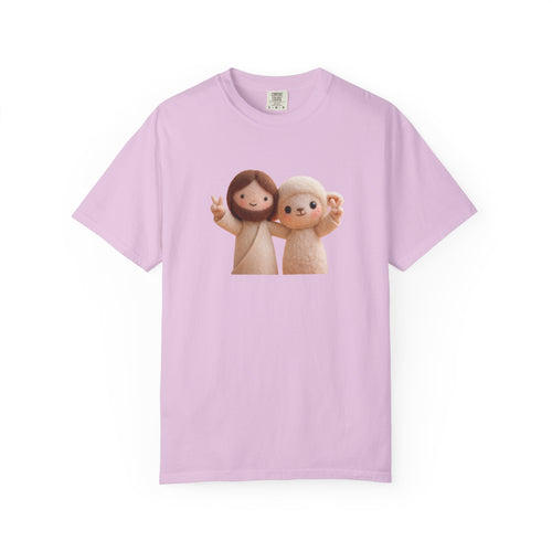 Jesus and Lamb Illustration T-Shirt | Cute Felt Doll Friendship Print