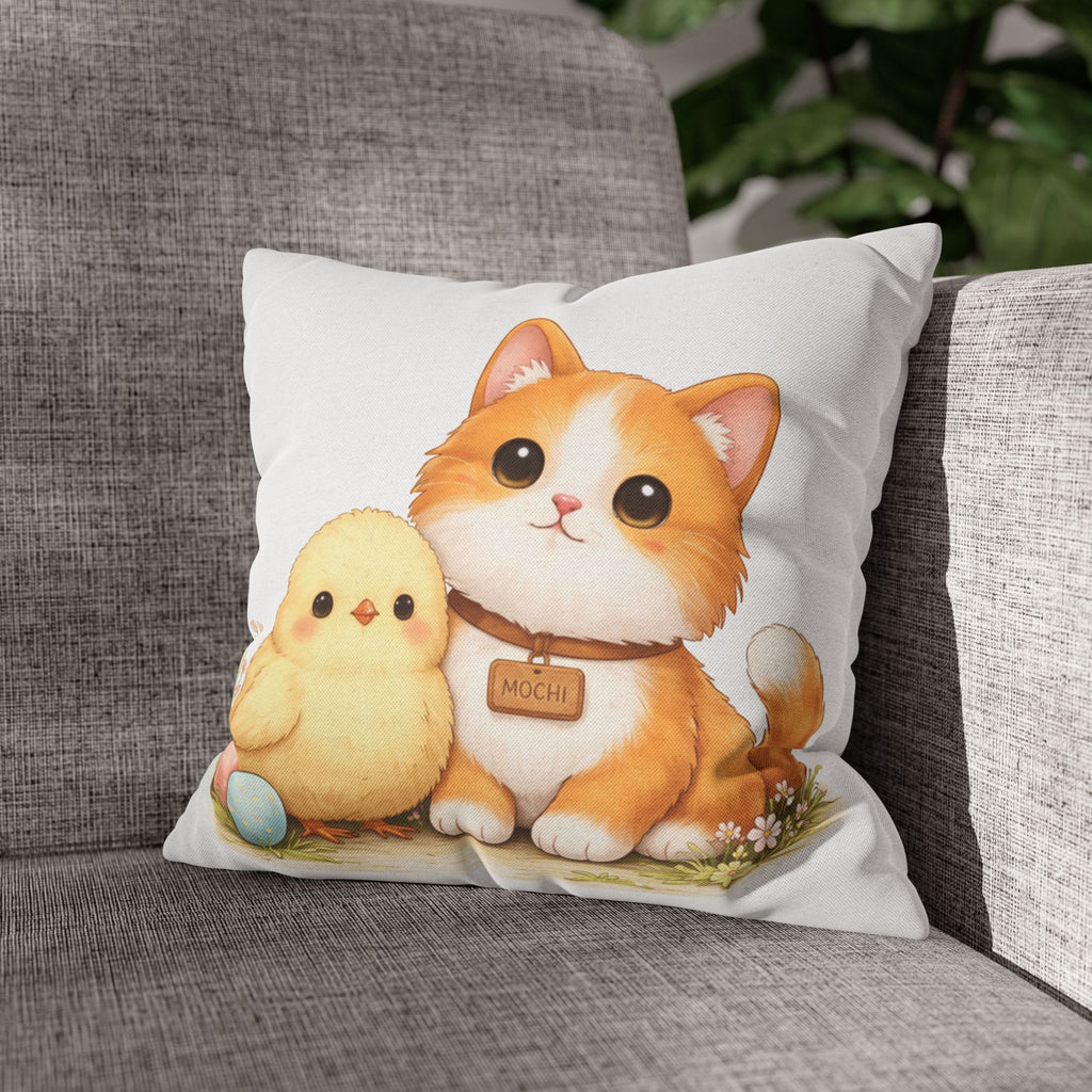 Cute Easter Pillow Cover Cat and Chick, Spring Decorative Pillow, Mochi Cat Cushion, Easter Home Decor Gift
