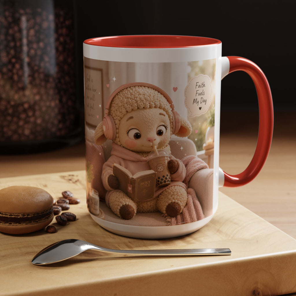 Faith Fills My Day Accent Coffee Mug — Cute Cozy Lamb with Scripture Quote (11/15oz)