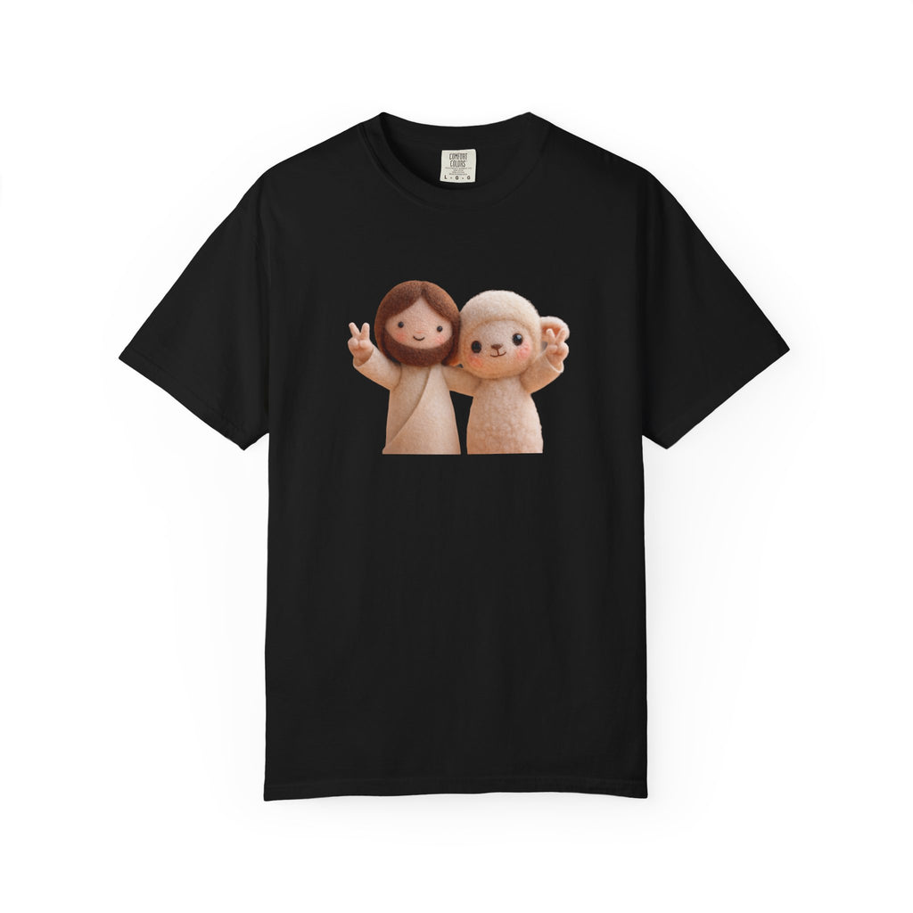 Jesus and Lamb Illustration T-Shirt | Cute Felt Doll Friendship Print