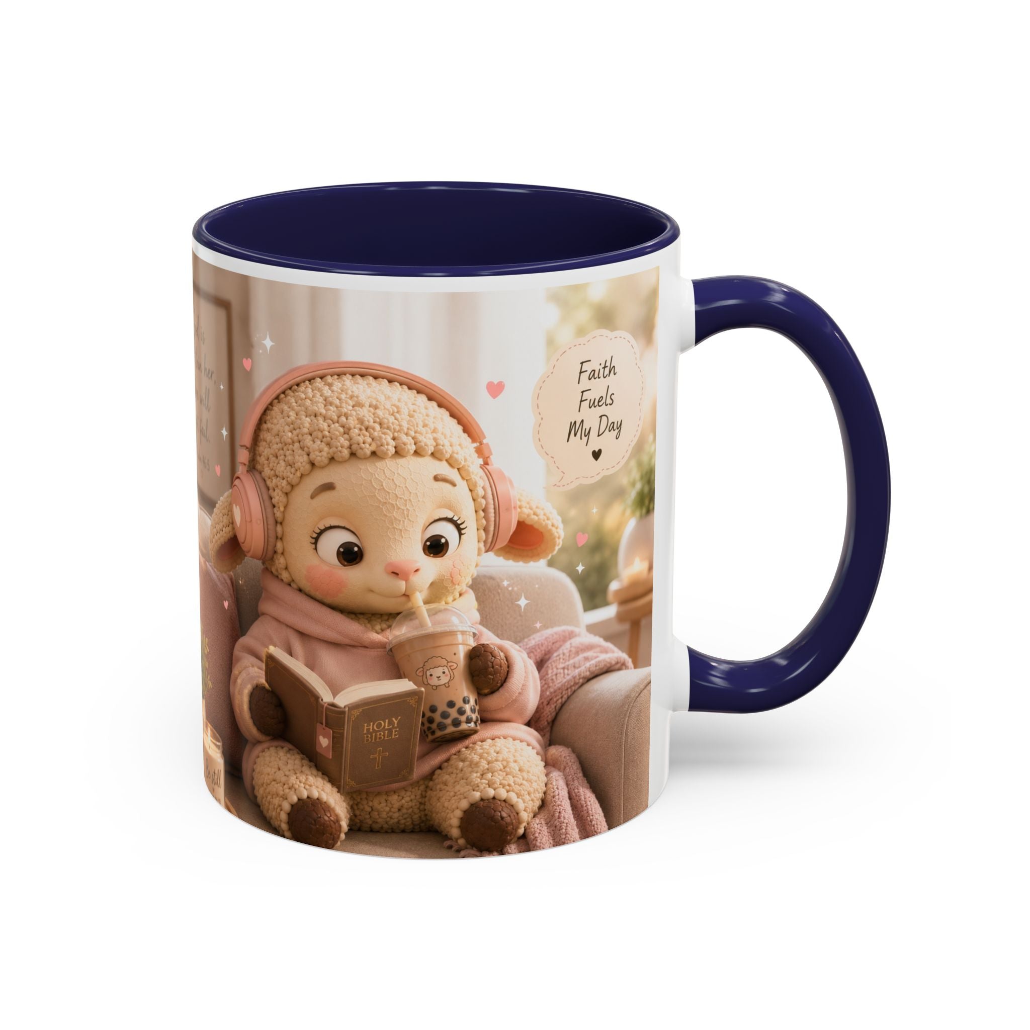 Faith Fills My Day Accent Coffee Mug — Cute Cozy Lamb with Scripture Quote (11/15oz)
