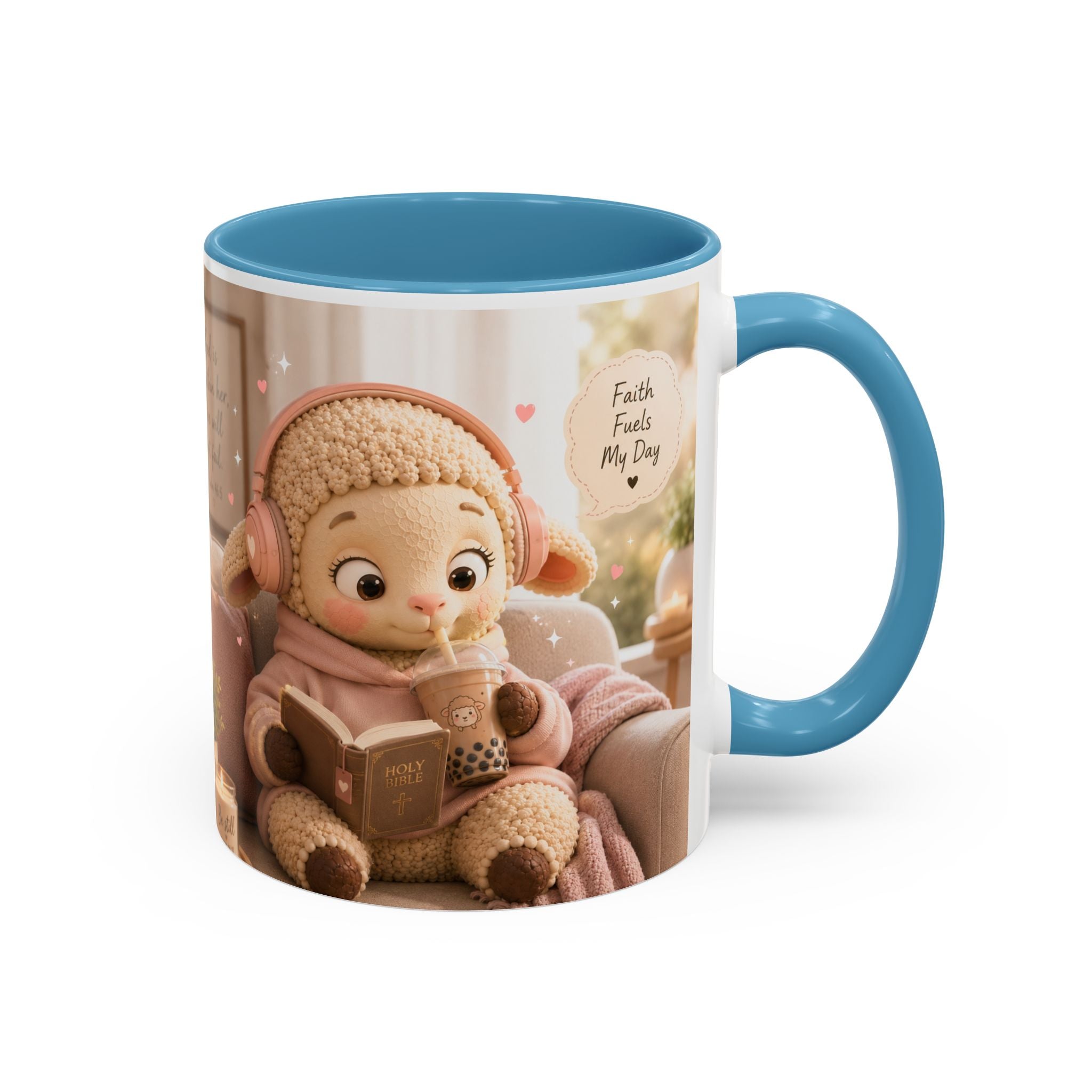 Faith Fills My Day Accent Coffee Mug — Cute Cozy Lamb with Scripture Quote (11/15oz)