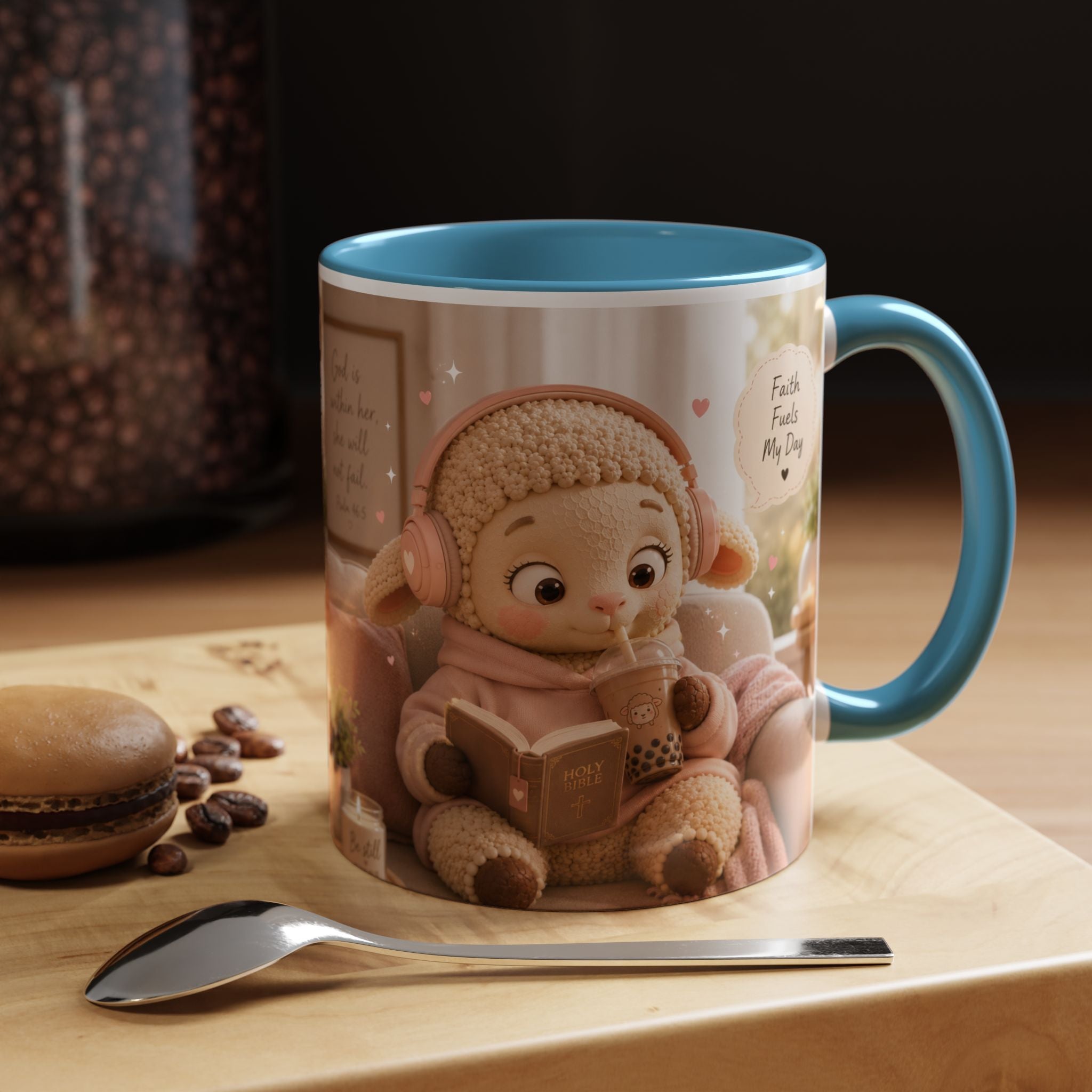 Faith Fills My Day Accent Coffee Mug — Cute Cozy Lamb with Scripture Quote (11/15oz)
