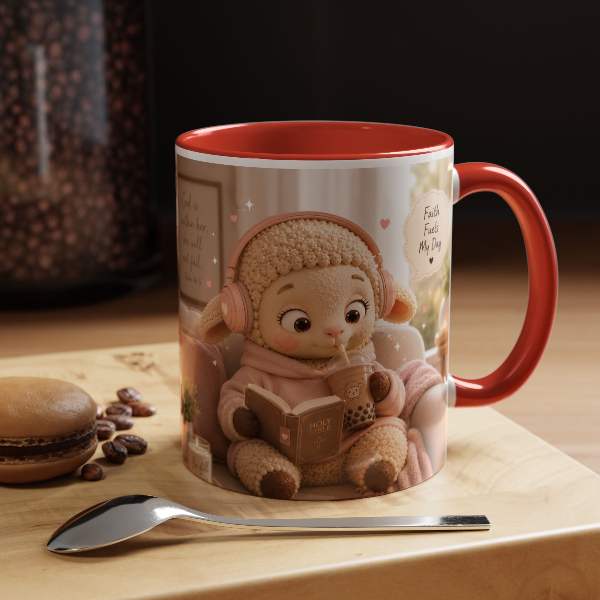 Faith Fills My Day Accent Coffee Mug — Cute Cozy Lamb with Scripture Quote (11/15oz)