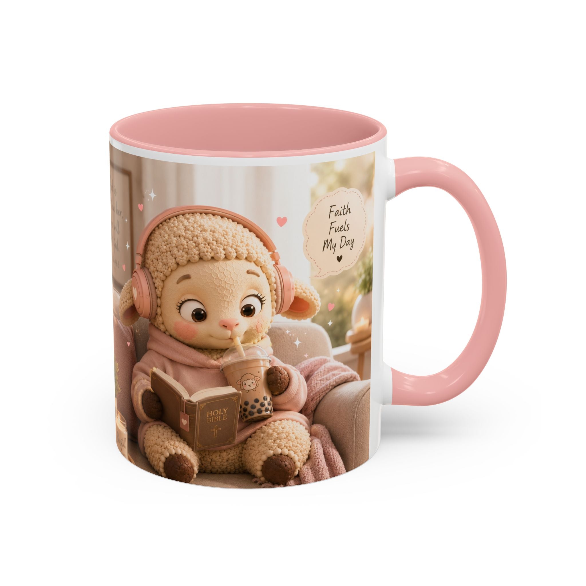 Faith Fills My Day Accent Coffee Mug — Cute Cozy Lamb with Scripture Quote (11/15oz)