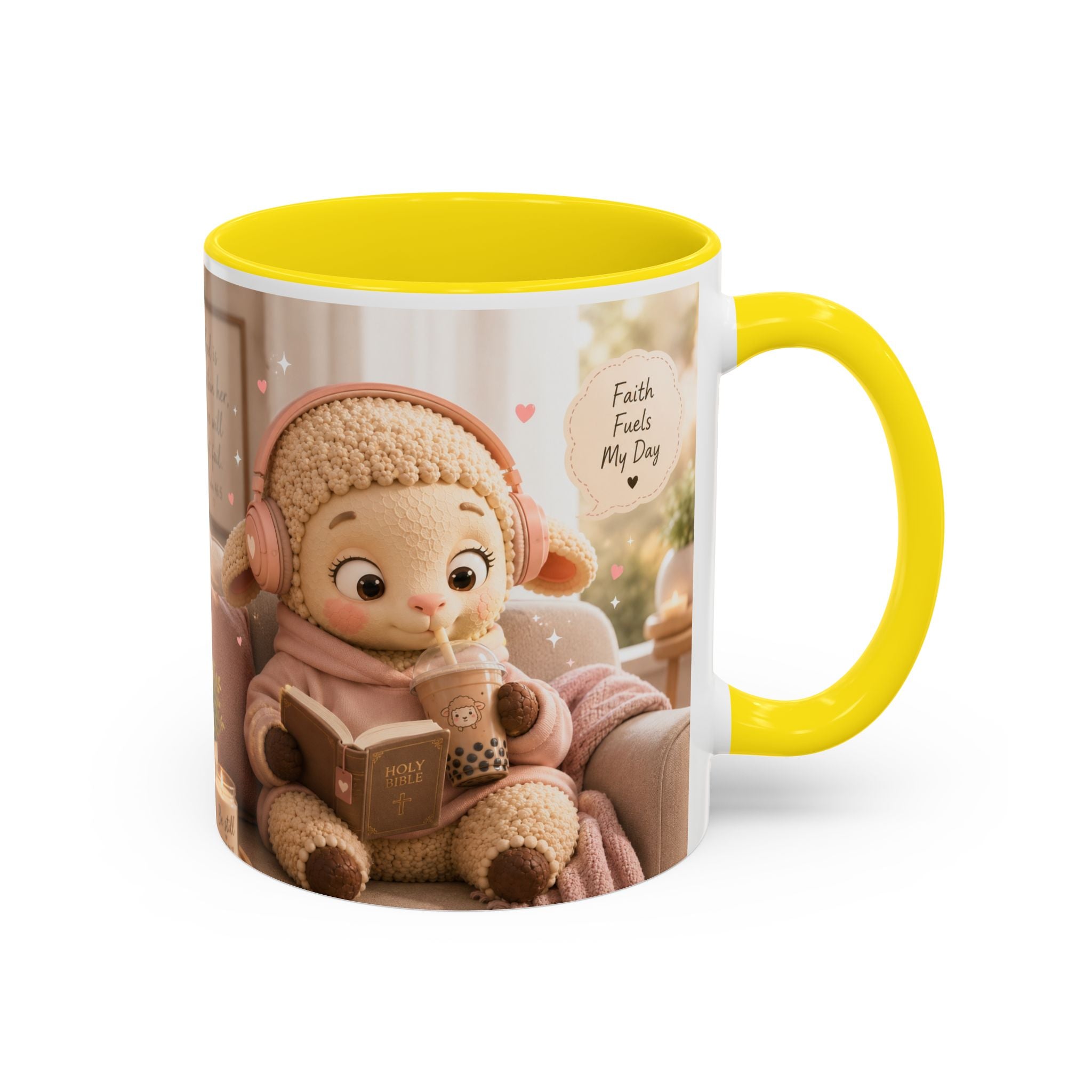 Faith Fills My Day Accent Coffee Mug — Cute Cozy Lamb with Scripture Quote (11/15oz)