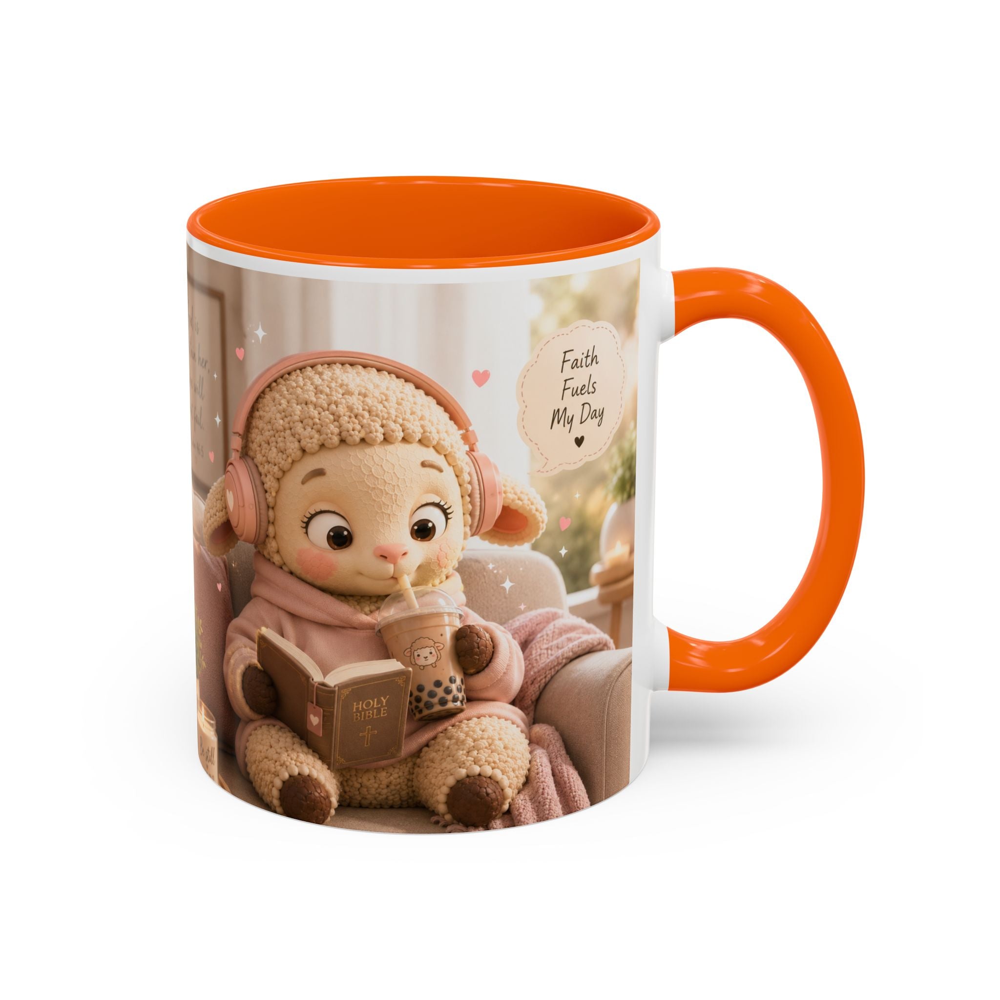 Faith Fills My Day Accent Coffee Mug — Cute Cozy Lamb with Scripture Quote (11/15oz)