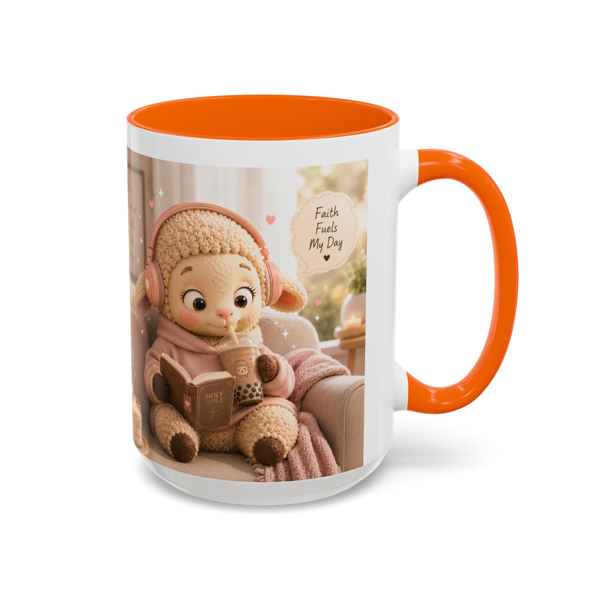 Faith Fills My Day Accent Coffee Mug — Cute Cozy Lamb with Scripture Quote (11/15oz)