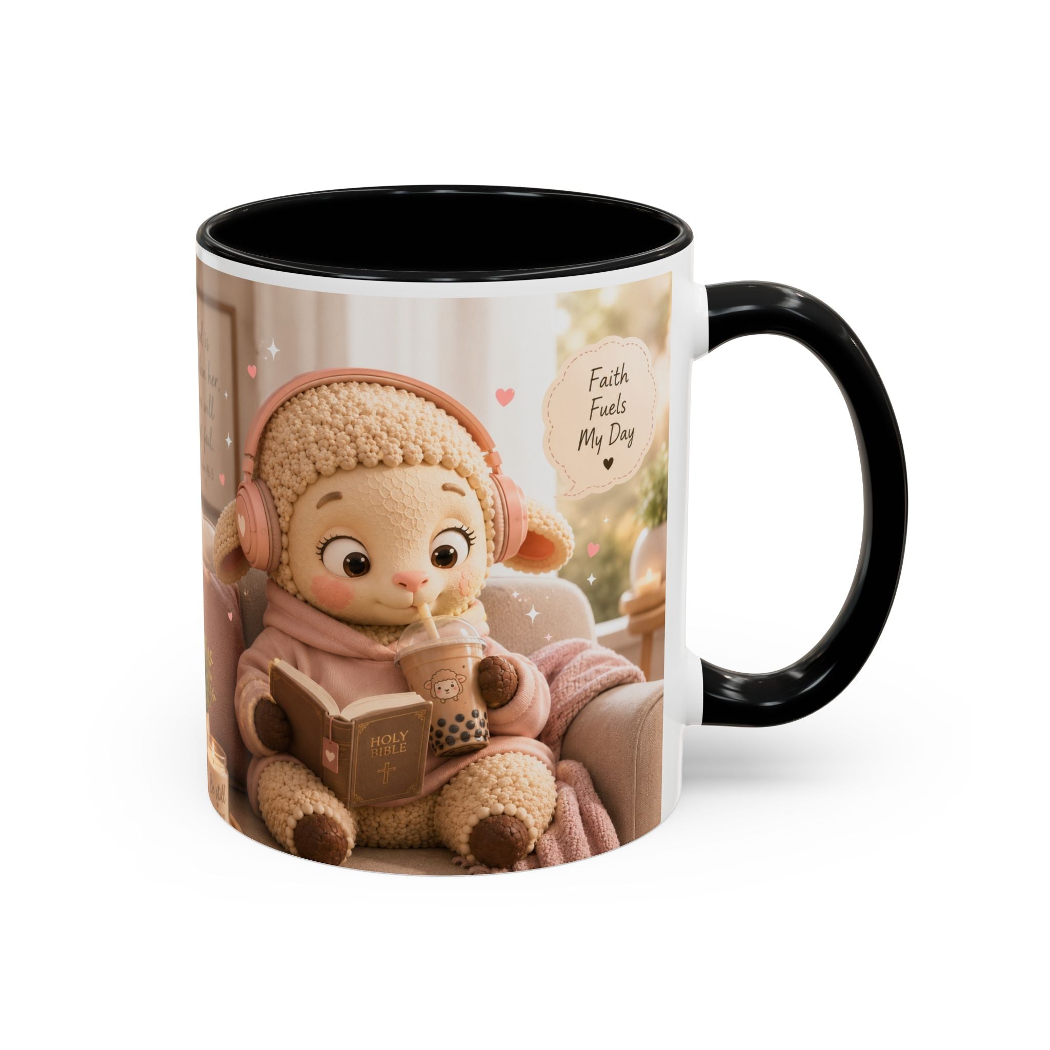 Faith Fills My Day Accent Coffee Mug — Cute Cozy Lamb with Scripture Quote (11/15oz)