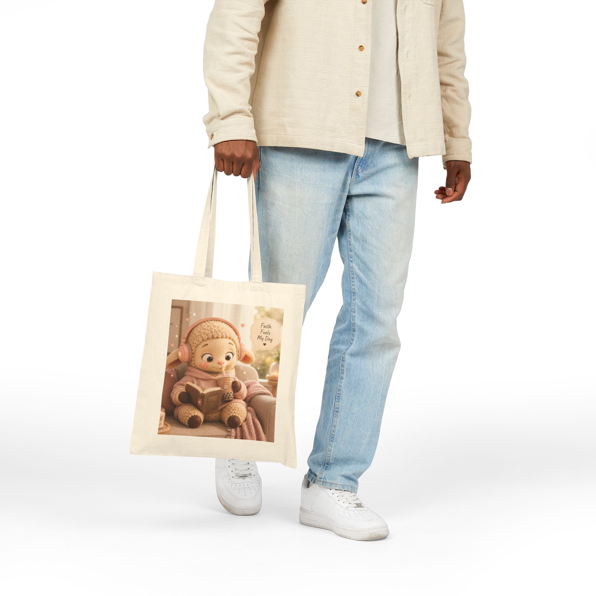 Cute Cozy Reading Tote Bag — 'Faith Fills My Cup' Canvas Shopper