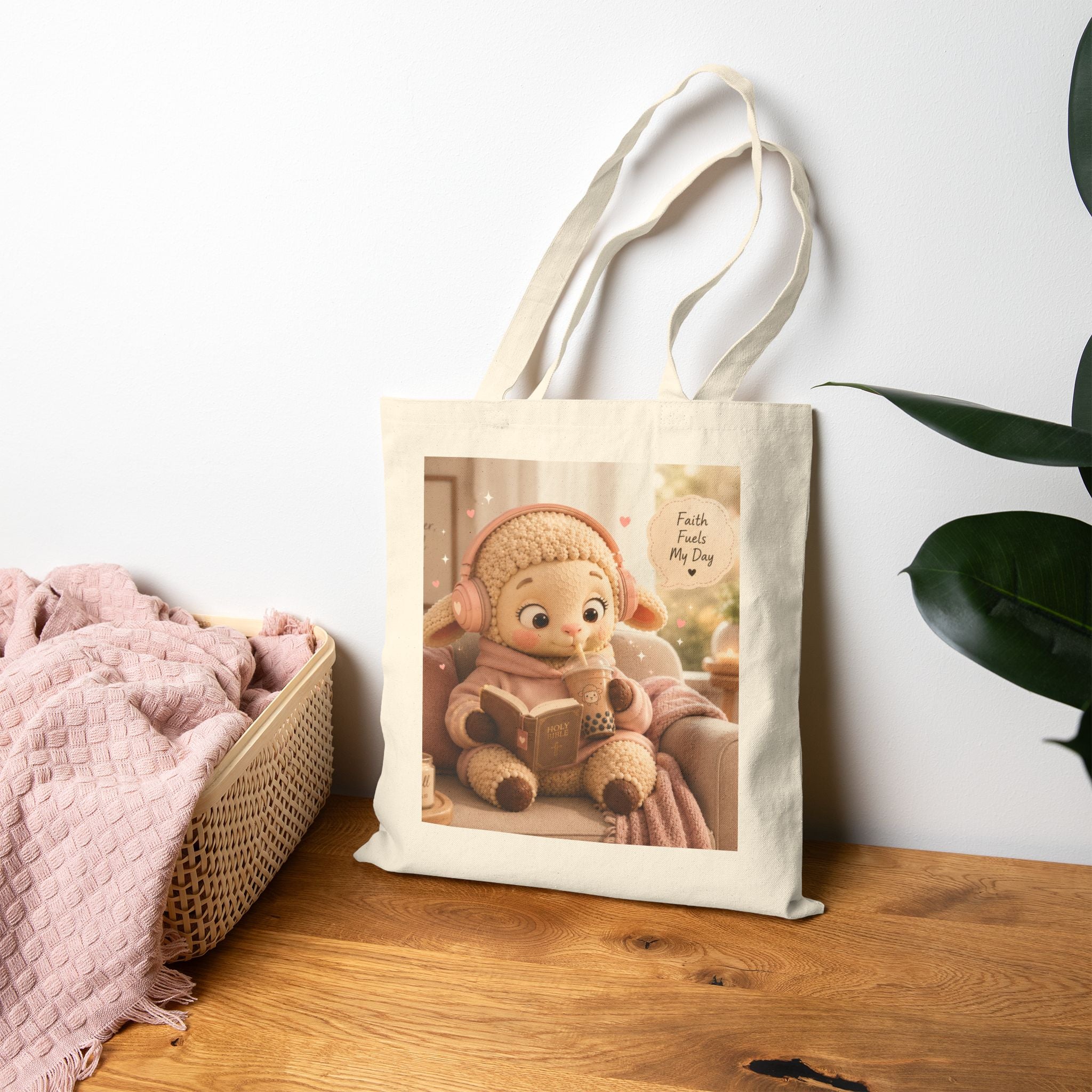 Cute Cozy Reading Tote Bag — 'Faith Fills My Cup' Canvas Shopper