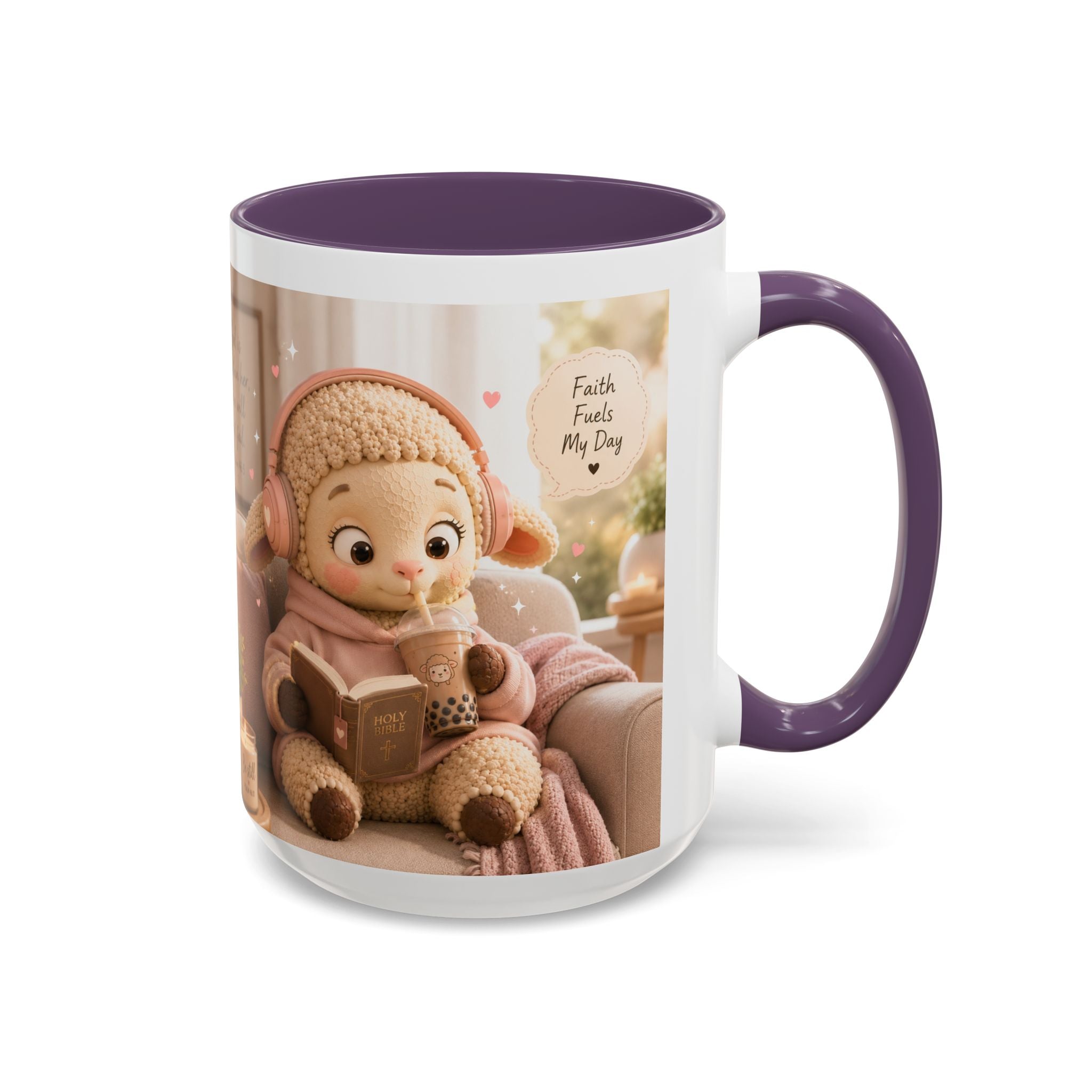 Faith Fills My Day Accent Coffee Mug — Cute Cozy Lamb with Scripture Quote (11/15oz)