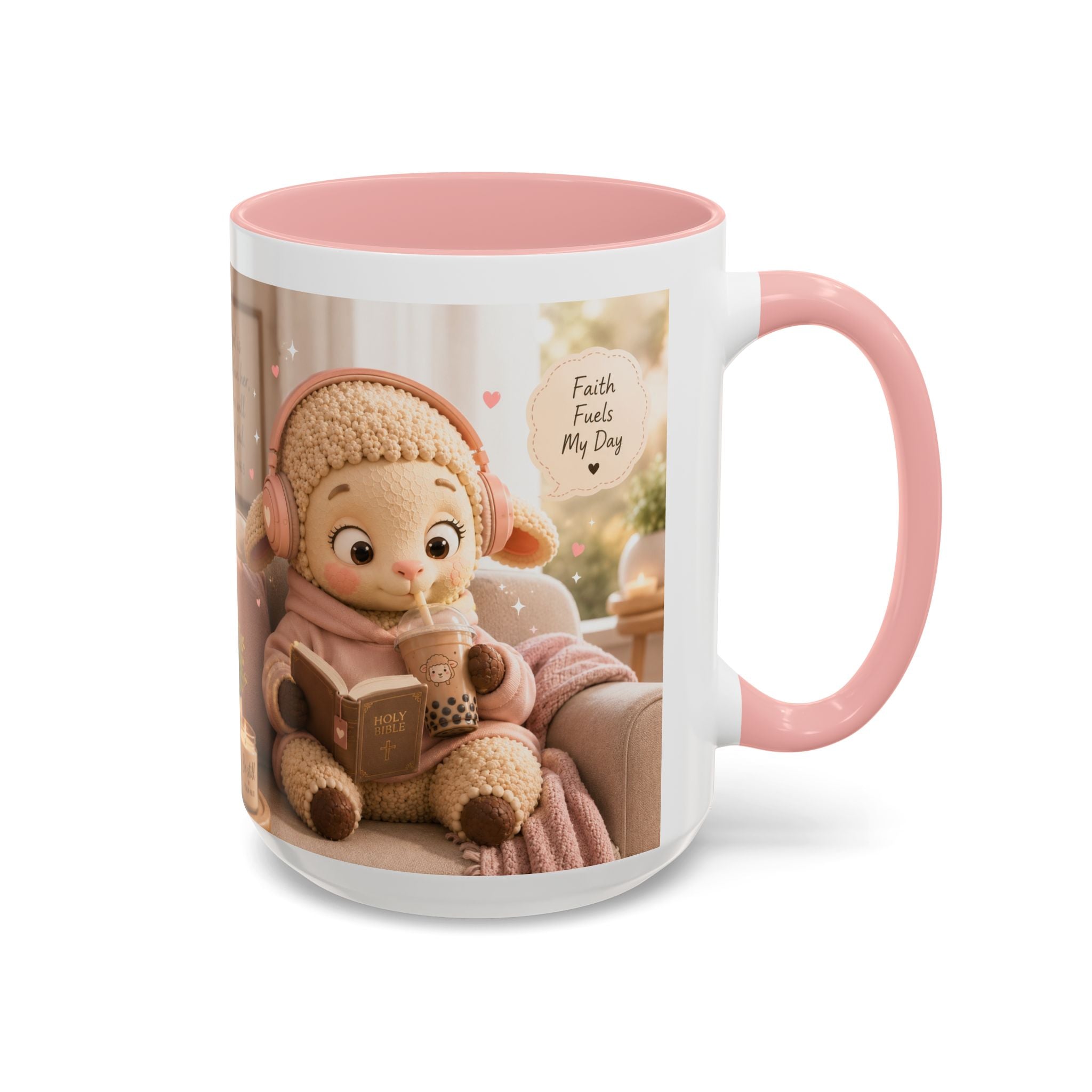 Faith Fills My Day Accent Coffee Mug — Cute Cozy Lamb with Scripture Quote (11/15oz)