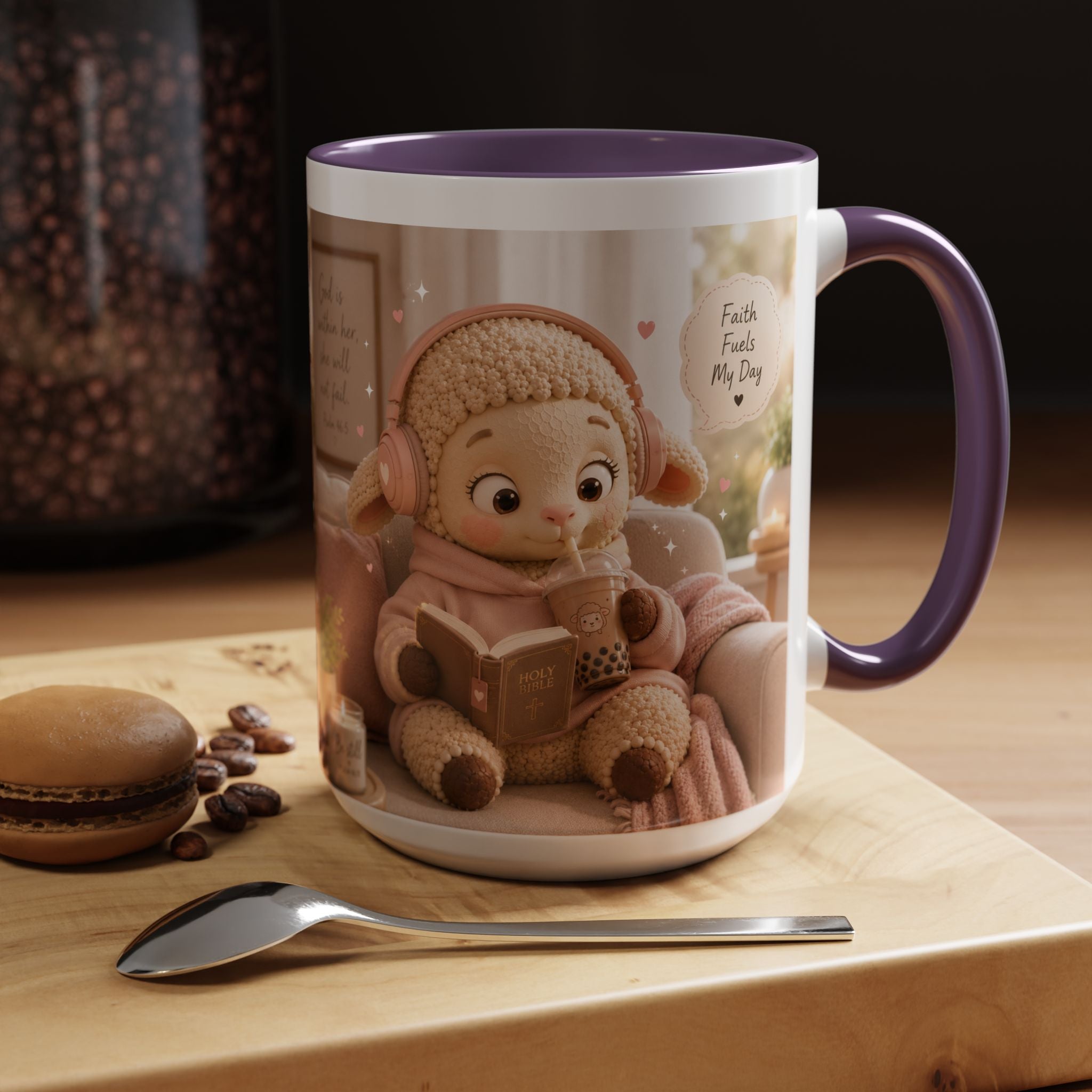 Faith Fills My Day Accent Coffee Mug — Cute Cozy Lamb with Scripture Quote (11/15oz)